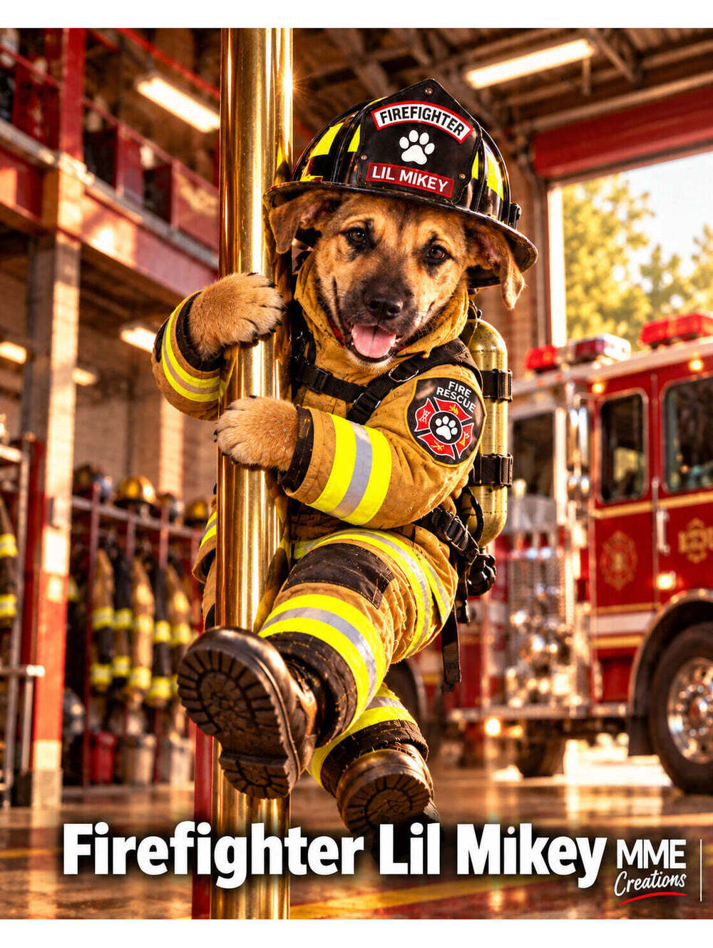 4850 Pet Pics Turn Your Dog Into a Firefighter –Pole Slide Custom 8x10 Print